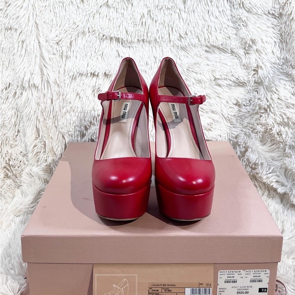 Authentic Miu Miu Mary Jane Red Leather High Heel Platform Pumps - Picture 8 of 9